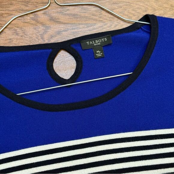 Talbots Color Block Knit Sweater Blue Black White Stripe 3/4 Sleeve Sz MP EUC - Picture 6 of 7